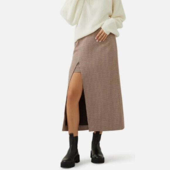 Maje Jaisa Houndstooth Thigh-High Front Slit Midi-Skirt Brown Women's Sz 36 - Picture 1 of 7